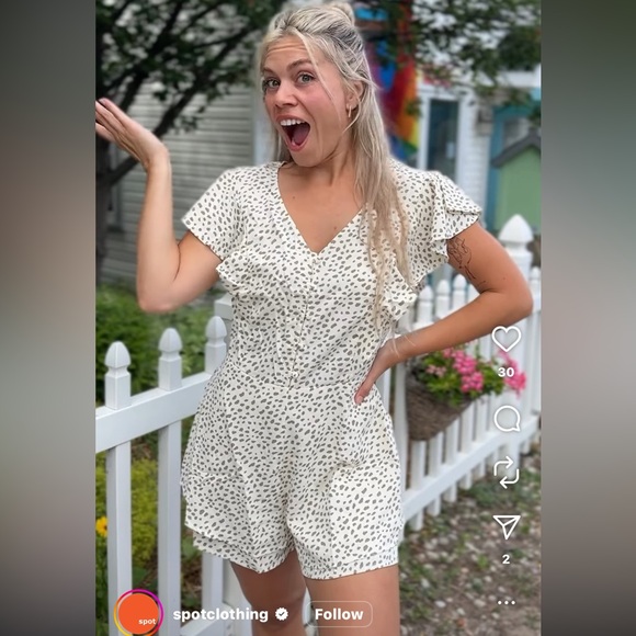 Kori Cream Brown Dalmatian Spot V Neck Romper Shorts Flutter Sleeves - Picture 6 of 8